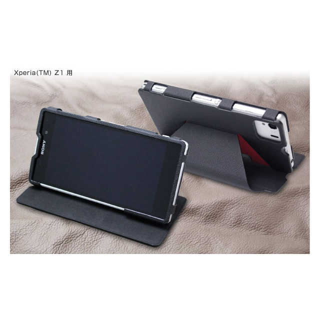 【XPERIA Z1 ケース】PUレザー 卓上ホルダ対応ケース (ブラック/レッド)goods_nameサブ画像