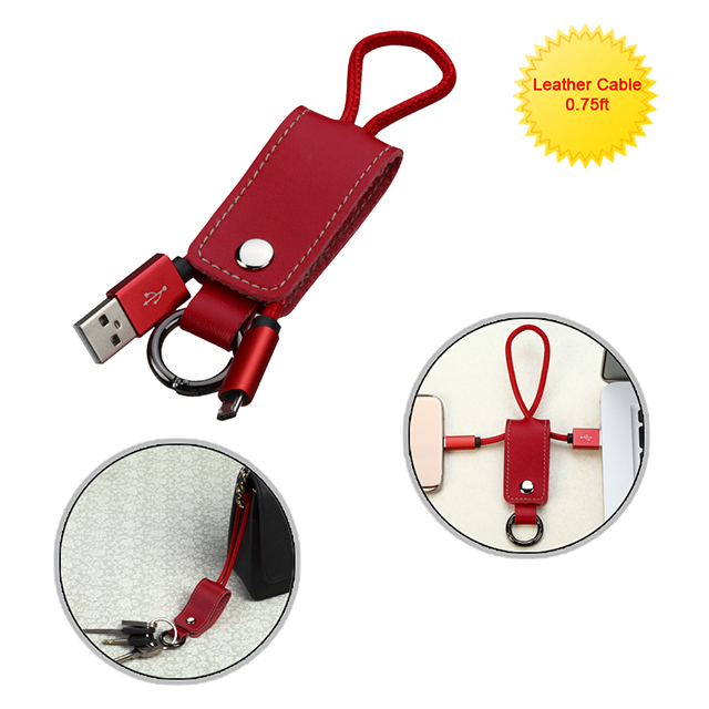 Leather MicroUSB Data Cable with Key Chain (Red)goods_nameサブ画像