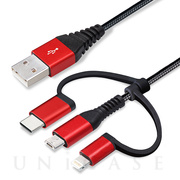 変換コネクタ付き 3in1 USBタフケーブル(Lightning＆Type-C＆micro USB) 1m (レッド＆ブラック)