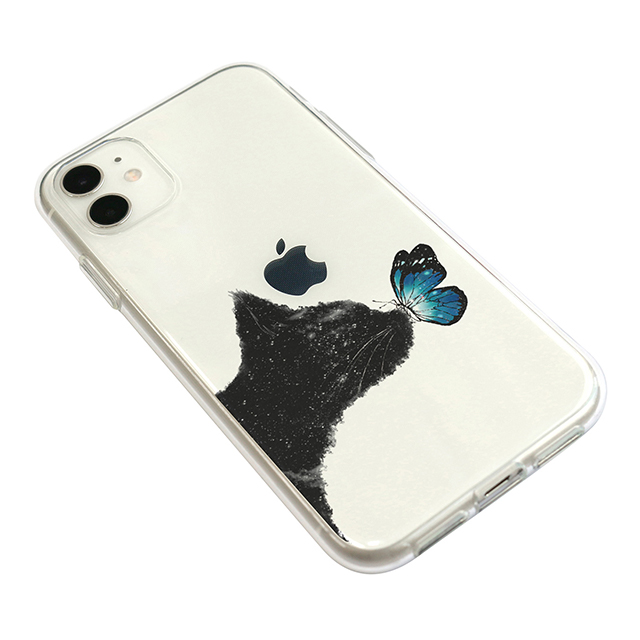 【iPhone11 ケース】ソフトクリアケース (ネコと蝶々)サブ画像