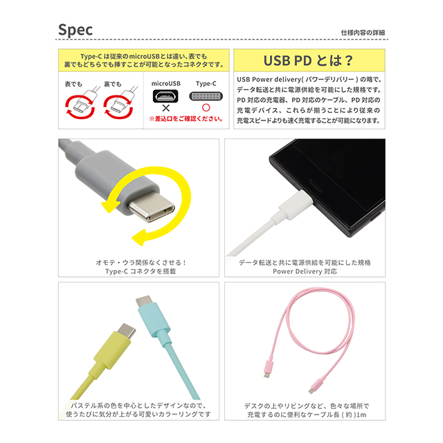 PD対応 Type-C to Type-C カラフルケーブル  (パステルイエロー)サブ画像