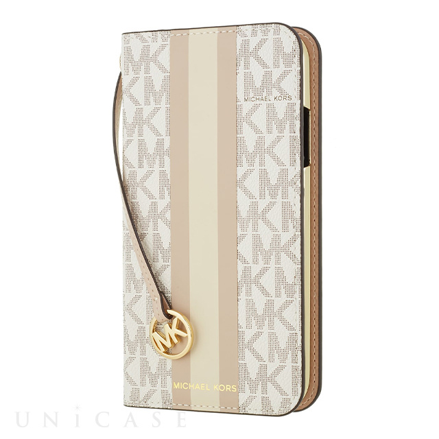 【iPhoneXR ケース】Folio Case Beige Pink Stripe with Charm