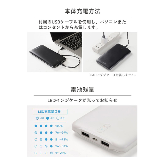 2ポート薄型モバイル充電器10000mAh (ホワイト)サブ画像
