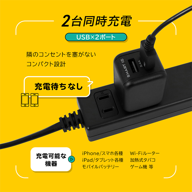 スマートIC搭載でかしこく充電 USB AC充電器 Type-A×2ポート 合計2.4A出力 12W (ホワイト)サブ画像