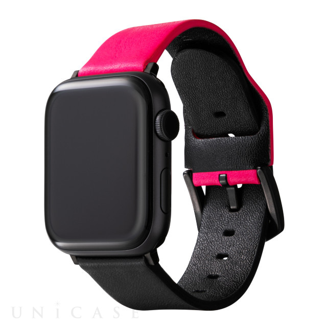 【Apple Watch バンド 41/40/38mm】“NEON” Italian Genuine Leather Watchband (Neon Pink/Black) for Apple Watch SE(第2/1世代)/Series9/8/7/6/5/4/3/2/1