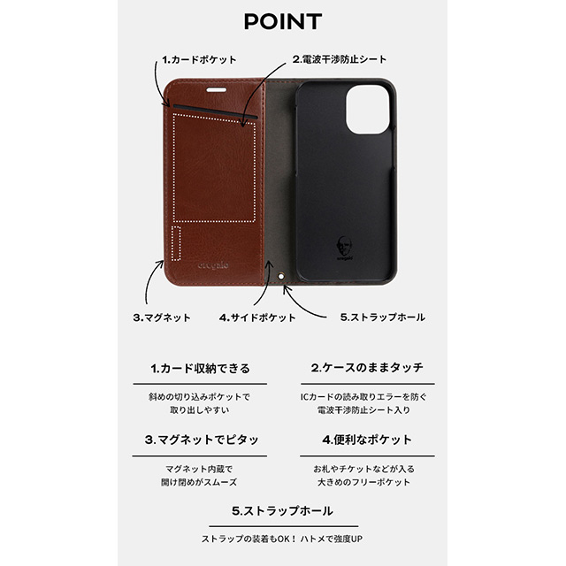 【iPhone12 mini ケース】スタンド機能付きダイアリーケース (ブラック)サブ画像