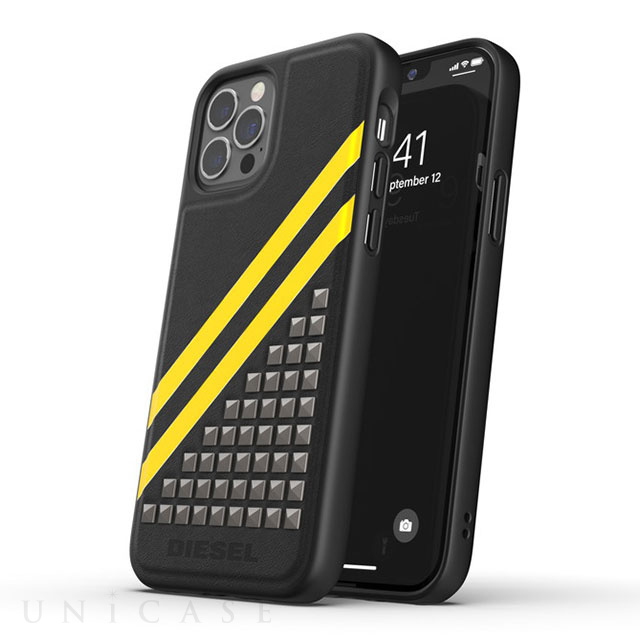 【iPhone12/12 Pro ケース】Leather Stud (Black/Yellow)