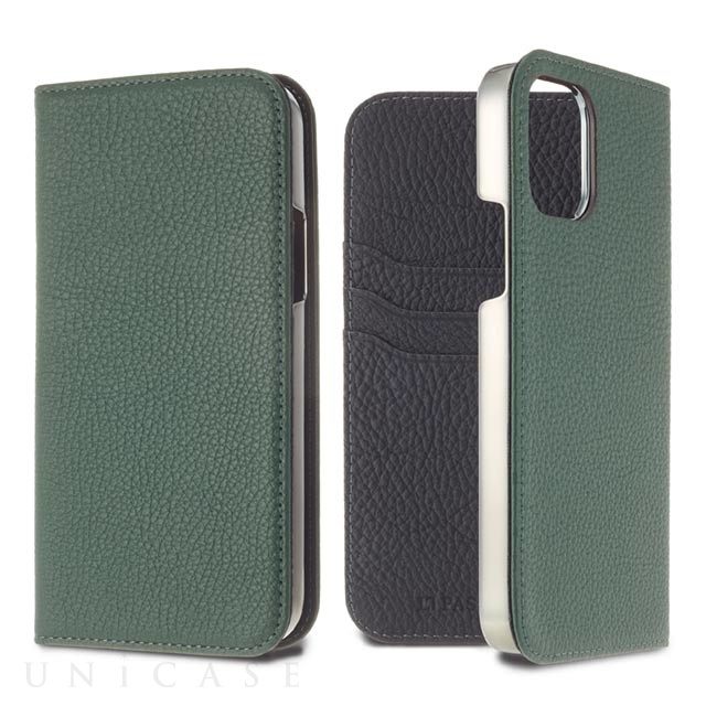 【iPhone11 Pro ケース】German Shrunken Calf Folio Case (Vert Anglais×Black)