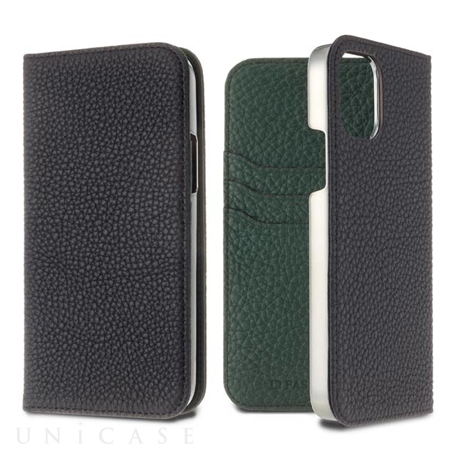 【iPhone11 Pro ケース】German Shrunken Calf Folio Case (Black×Vert Anglais)