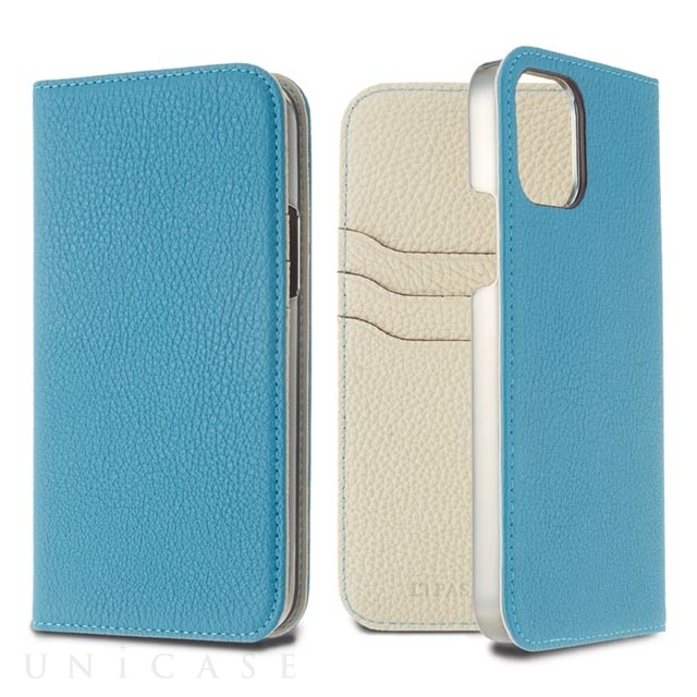 【iPhone11 Pro ケース】German Shrunken Calf Folio Case (Saxe blue×White)