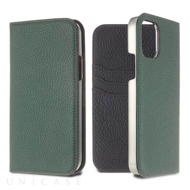 【iPhone11 Pro Max ケース】German Shrunken Calf Folio Case (Vert Anglais×Black)