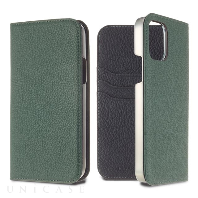 【iPhone12 Pro Max ケース】German Shrunken Calf Folio Case (Vert Anglais×Black)