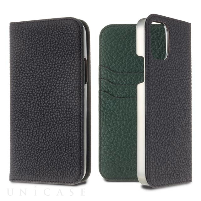 【iPhone12 Pro Max ケース】German Shrunken Calf Folio Case (Black×Vert Anglais)