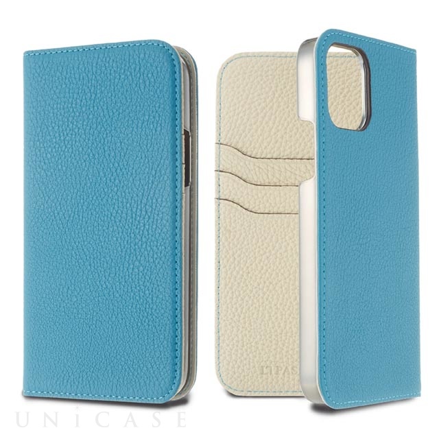 【iPhone12 Pro Max ケース】German Shrunken Calf Folio Case (Saxe blue×White)