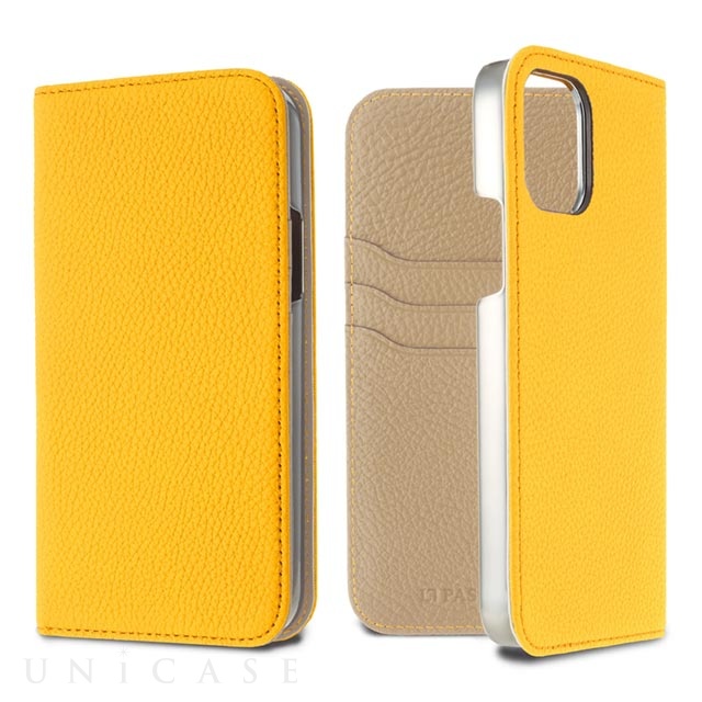 【iPhone12 Pro Max ケース】German Shrunken Calf Folio Case (Yellow×Light Gray)