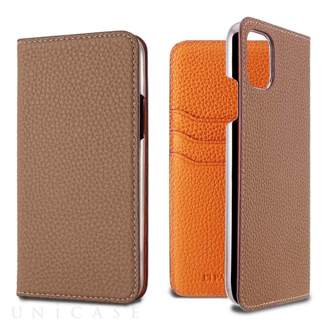 【iPhone12 Pro Max ケース】German Shrunken Calf Folio Case (Taupe×Orange)