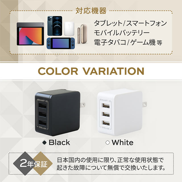 最大3台同時にかしこく充電 USB Type-A×3ポートAC充電器 OWL-ACU348ASシリーズ (ブラック)サブ画像