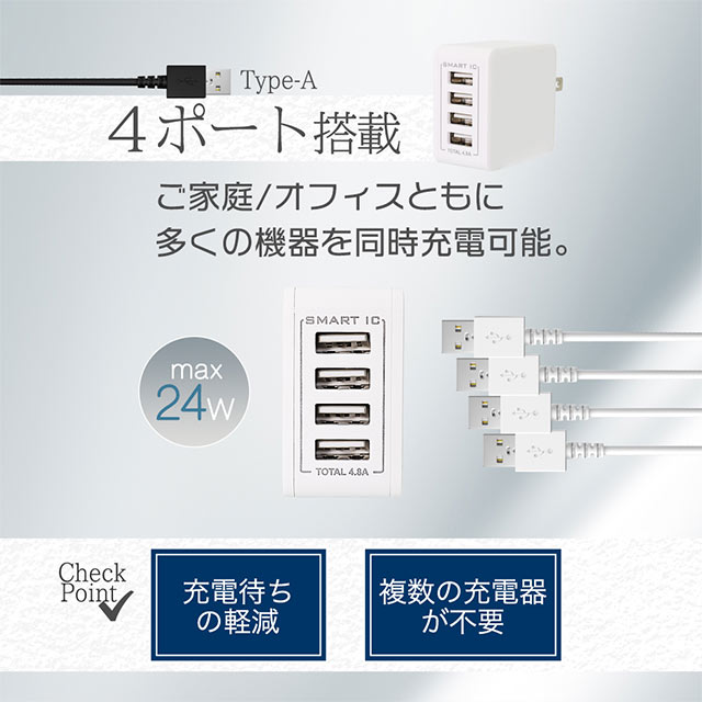 最大4台同時にかしこく充電 USB Type-A×4ポートAC充電器 OWL-ACU448ASシリーズ (ブラック)goods_nameサブ画像