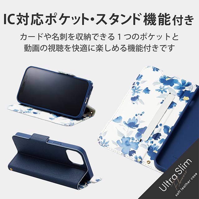 【iPhone13 ケース】レザーケース 手帳型 UltraSlim Flowers 薄型 磁石付き (ネイビー)goods_nameサブ画像