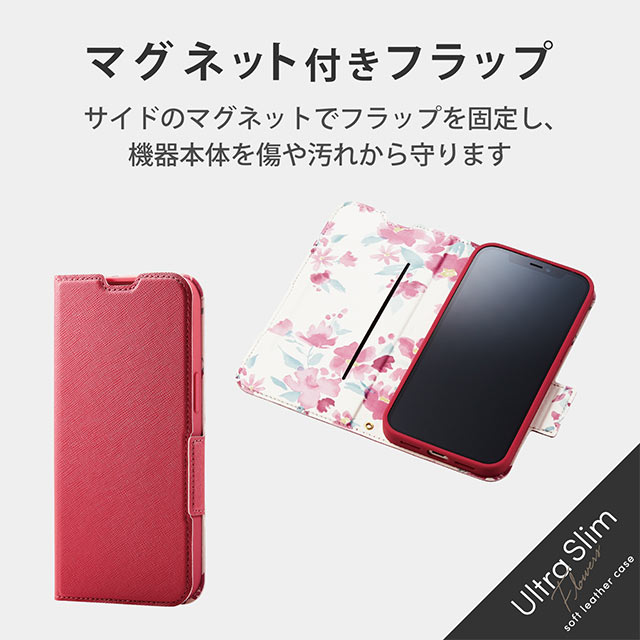 【iPhone13 ケース】レザーケース 手帳型 UltraSlim Flowers 薄型 磁石付き (ディープピンク)サブ画像