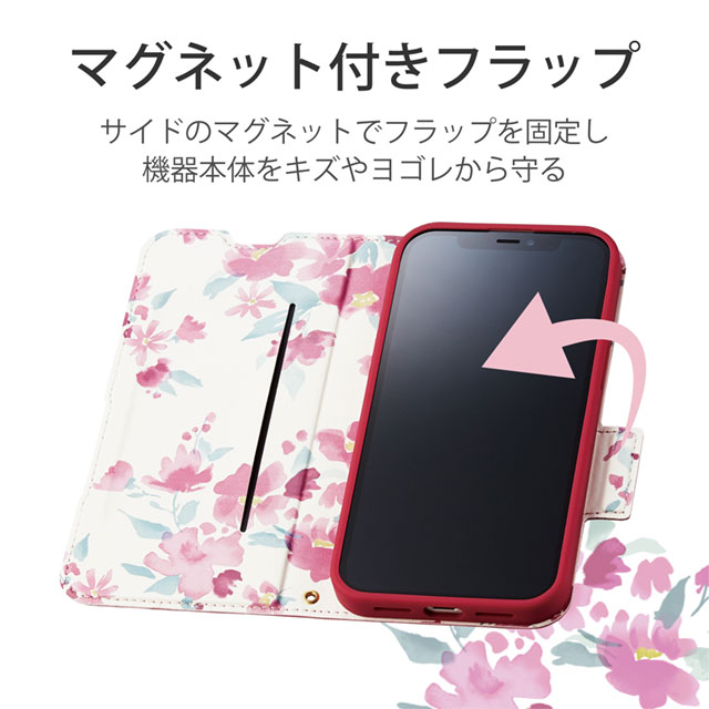 【iPhone13 Pro ケース】レザーケース 手帳型 UltraSlim Flowers 薄型 磁石付き (ディープピンク)サブ画像