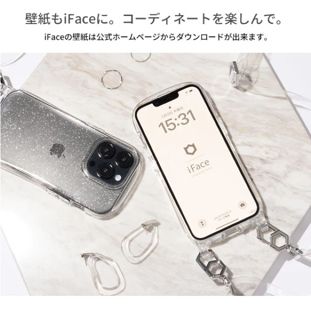 【iPhone14 ケース】iFace Hang and クリアケース/ショルダーストラップセット (クリア/ラメ)