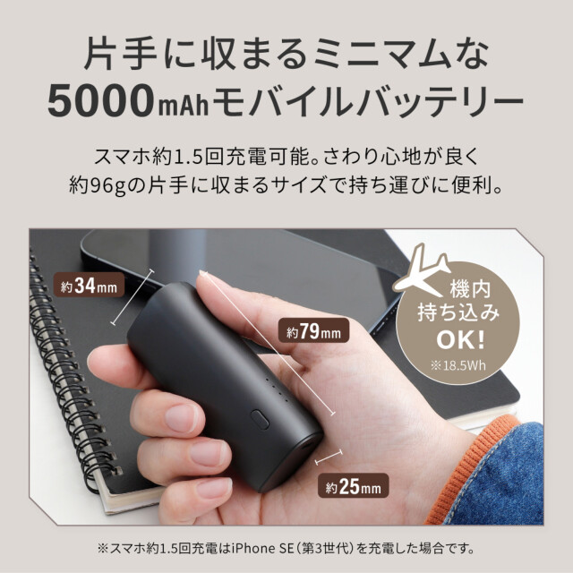 片手に収まるミニマム感 5000mAh 最大PD20W対応 USB Type-C入出力／USB Type-A出力 モバイルバッテリー OWL-LPB5018シリーズ (ブラック)サブ画像