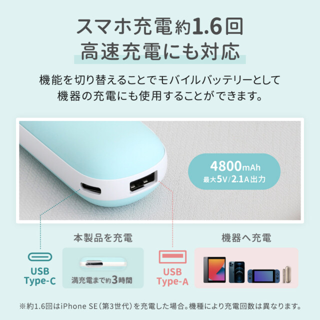 ハンドウォーマー機能搭載 USB Type-C入力 USB Type-A出力 モバイルバッテリー OWL-LPB4801シリーズ (ブルー)goods_nameサブ画像