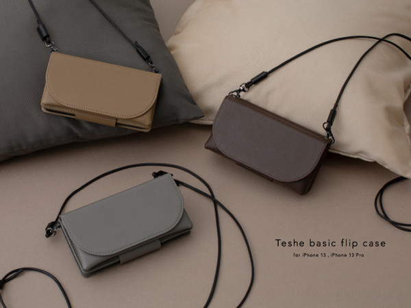 【iPhone13/iPhone13 Pro対応】ショルダー、ポーチ付き手帳型UNiCASEオリジナル“Teshe basic flip case”予約販売開始～落ち着いた配色と素材感がオシャレなiPhoneケース～